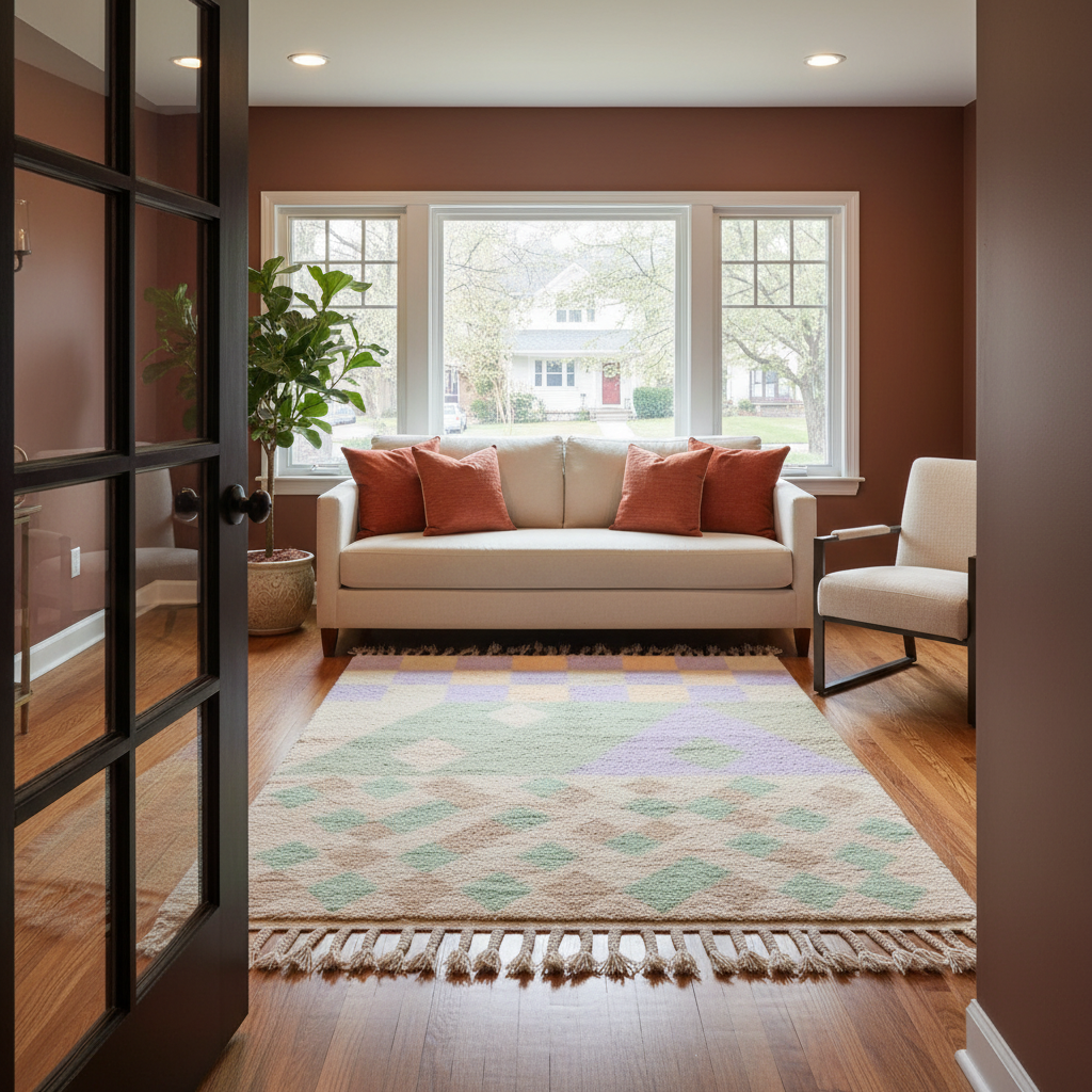 A styled living room interior featuring a cream sofa with rust-orange pillows, a multicolor geometric patterned area rug with fringe, a white armchair, a potted plant, and a black-framed glass door, set against warm brown walls.