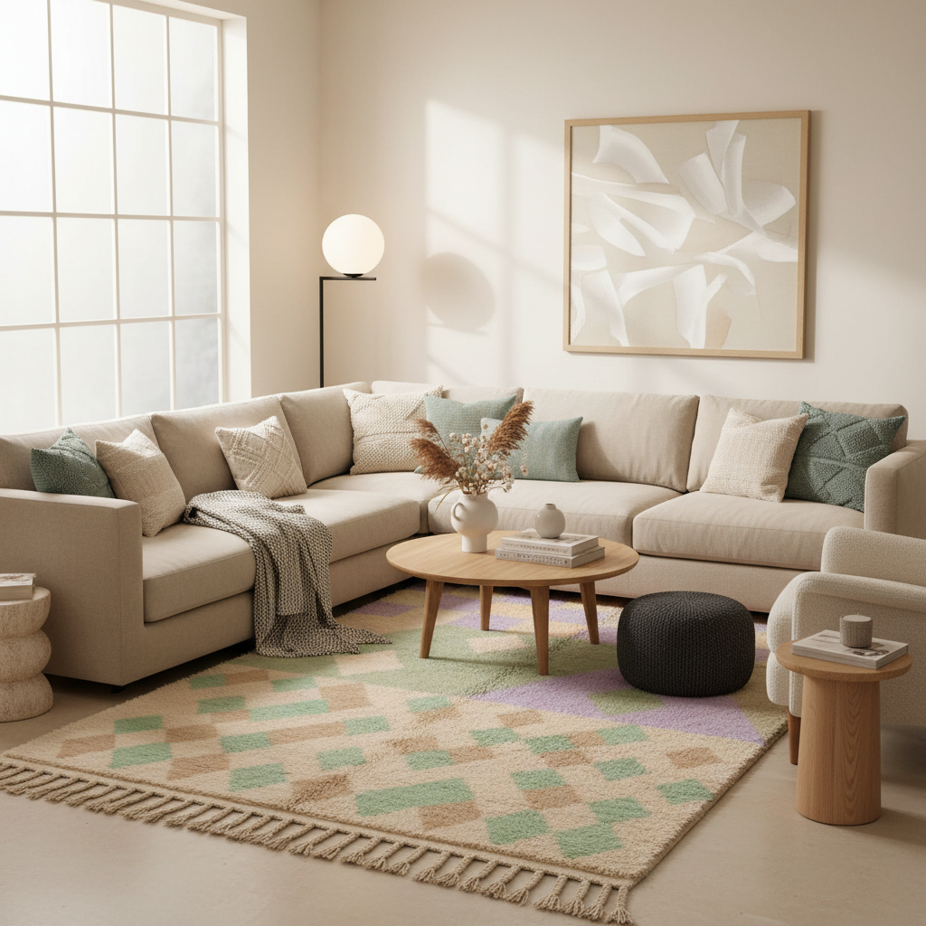 A modern living room featuring a large beige sectional sofa with green and gray accent pillows, a round wooden coffee table, a patterned beige and green area rug, and a large framed abstract floral print on the wall.