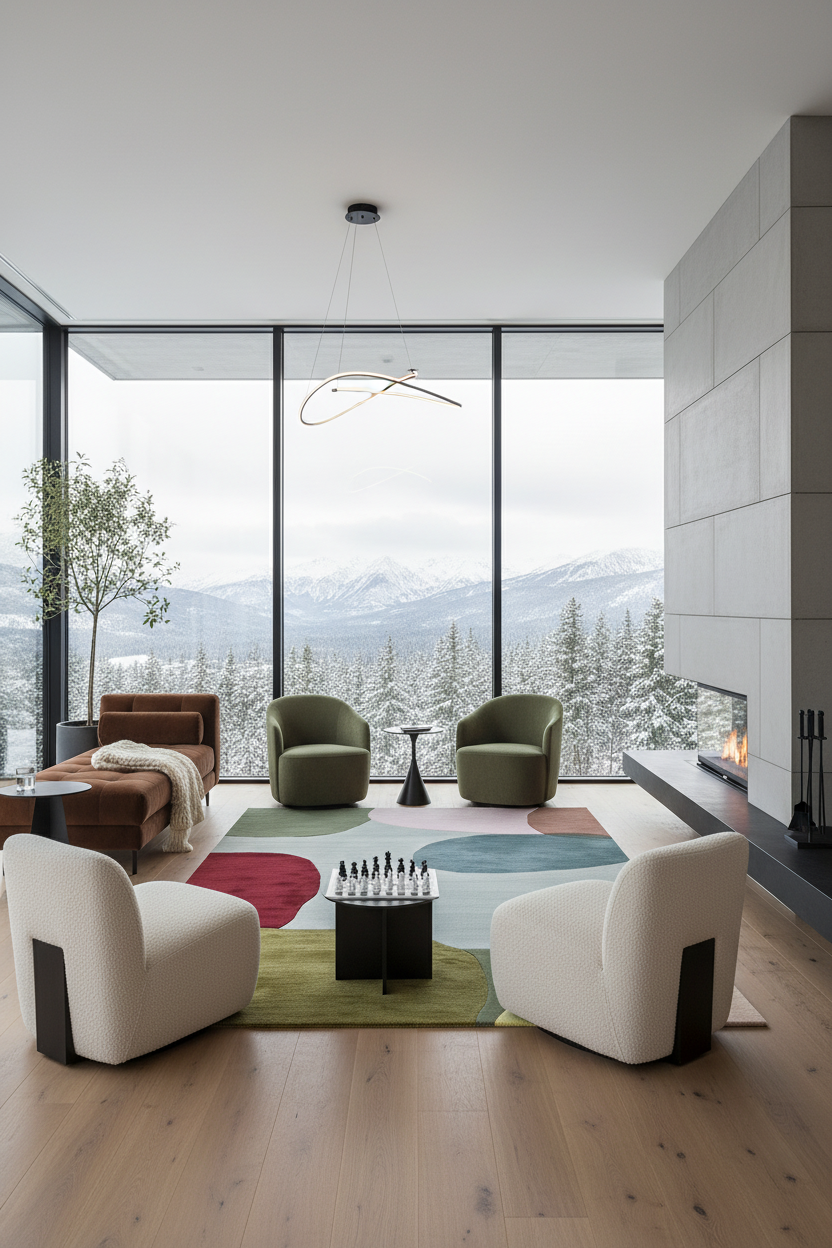 Modern living room with large colorful handmade rug, windows, furniture, and decorative elements.