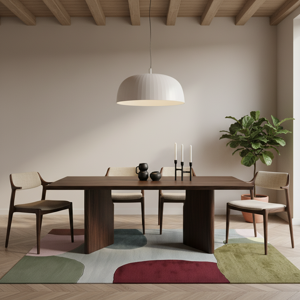 A modern dining room scene featuring a dark wood rectangular table with four matching chairs, a large white dome pendant light, a colorful abstract-patterned rug, and a potted fiddle-leaf fig plant against a beige wall.