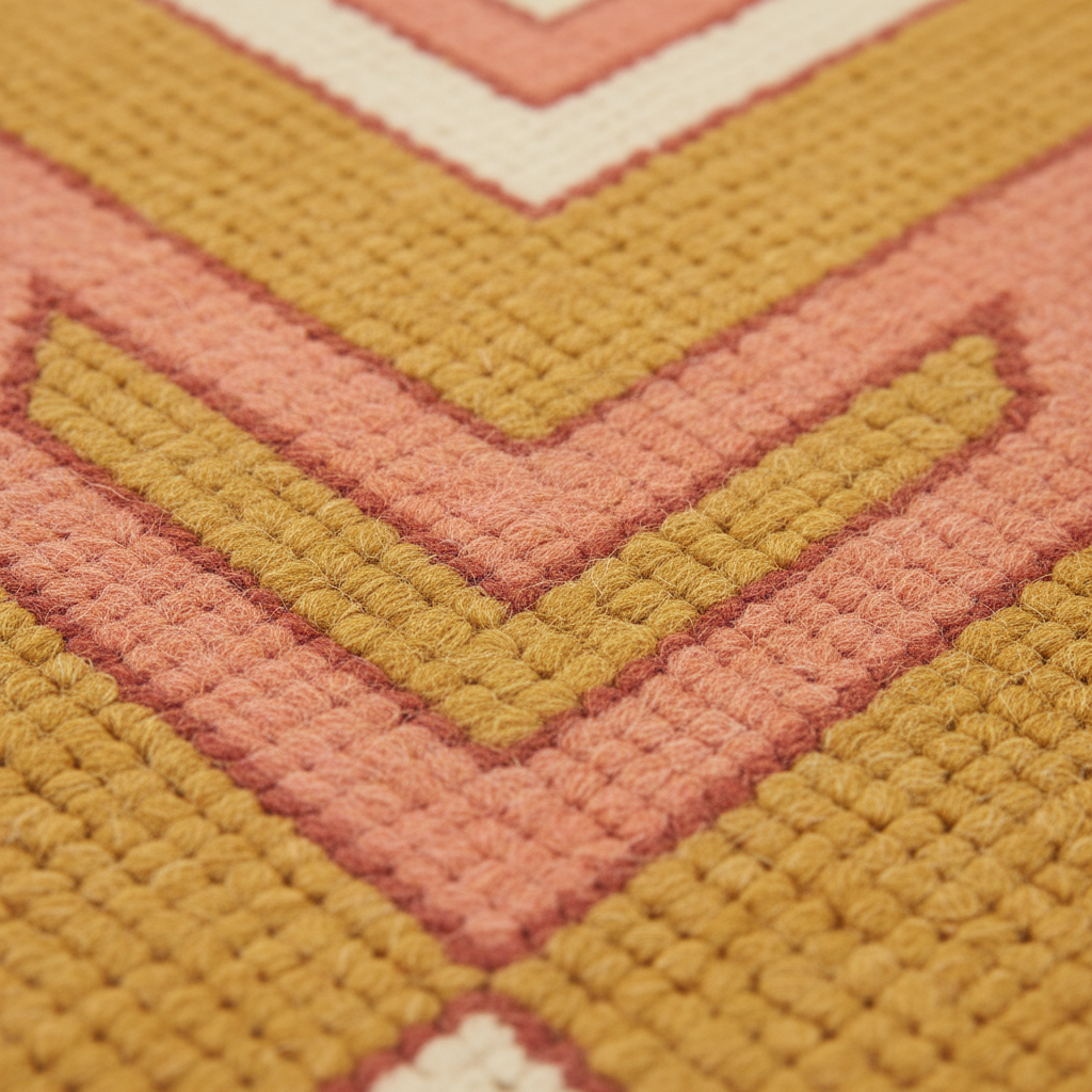 Close-up of a textured woven rug with a geometric chevron pattern in mustard yellow, dusty pink, terracotta red, and cream.