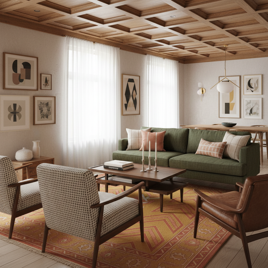 A styled living room interior featuring a green sofa with patterned throw pillows, two patterned armchairs, a brown leather chair, a wooden coffee table, and a geometric area rug. The room has a wood coffered ceiling, white sheer curtains, and framed abstract wall art.