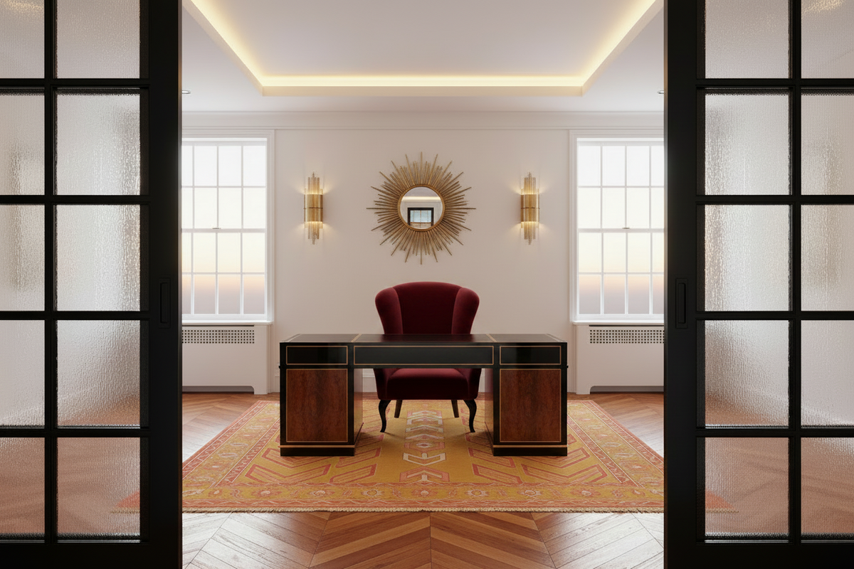 Modern office interior with a desk, chair, and decorative rug.