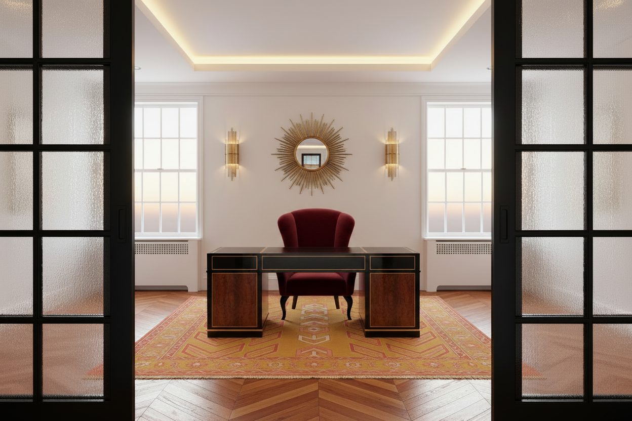 Modern office interior with a desk, chair, and decorative rug.