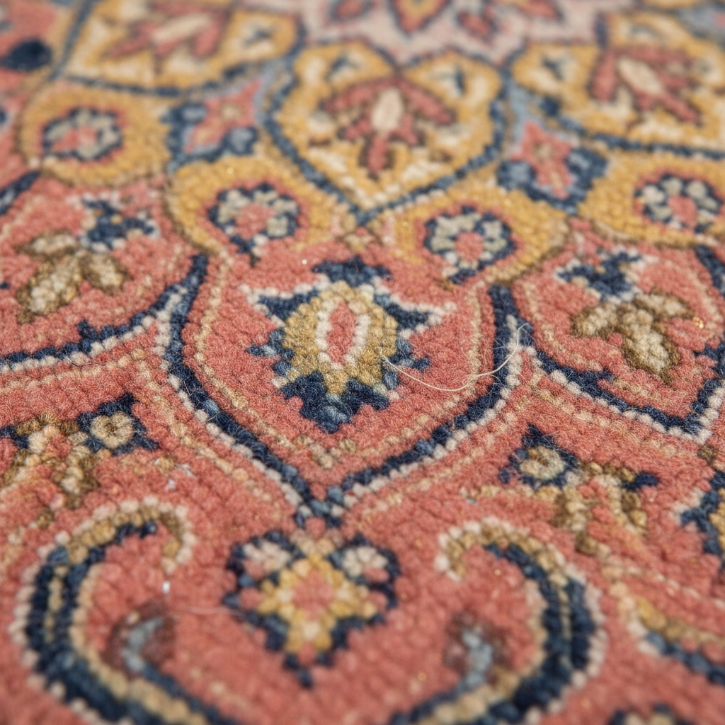 Close-up of a traditional patterned rug with coral pink, mustard yellow, navy blue, and beige woven detailing.