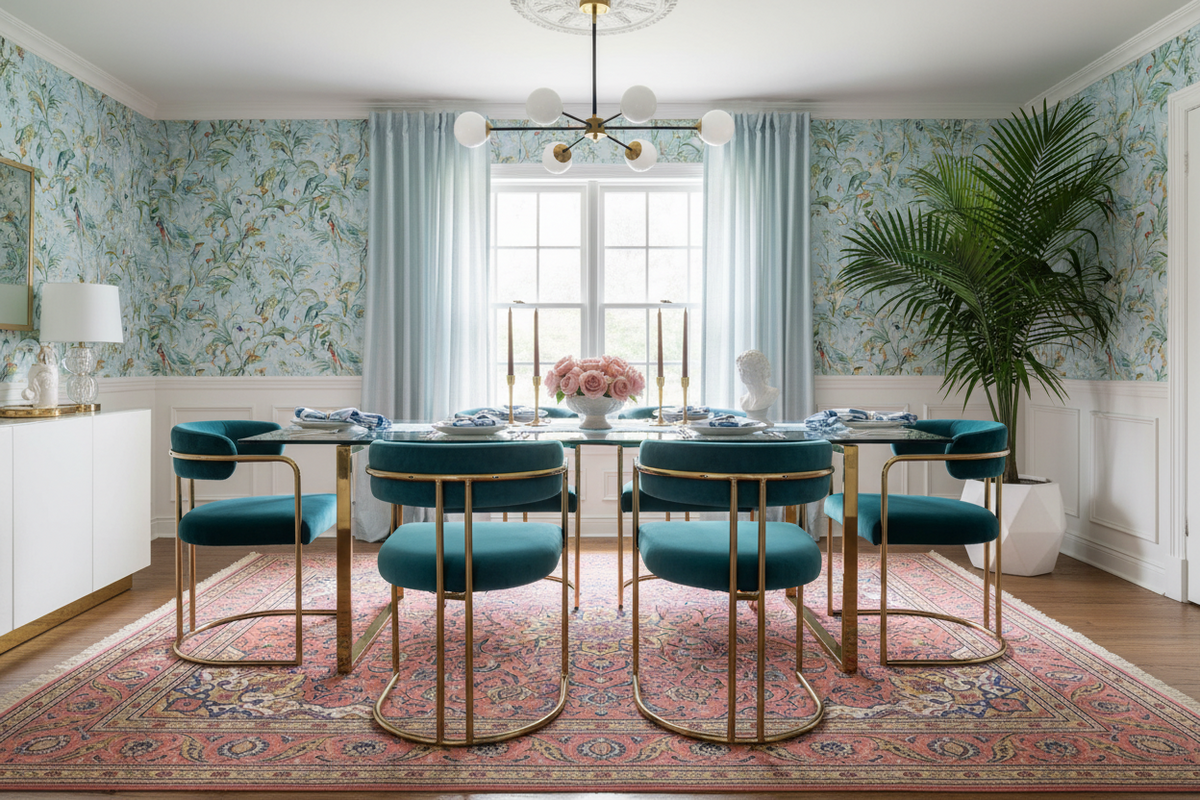 Dining room with a table and chairs in a stylishly decorated room with traditional pink knotted rug