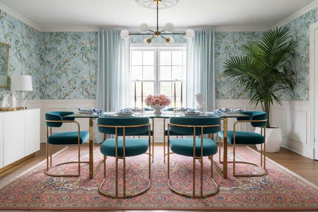 Dining room with a table and chairs in a stylishly decorated room with traditional pink knotted rug