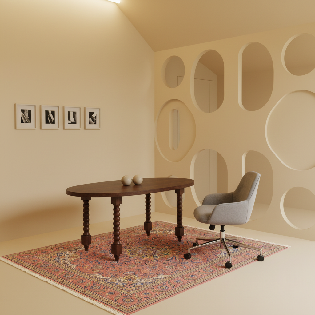 A styled interior room scene with a dark wood oval desk on a patterned rug beside a light gray swivel chair, set against a beige wall with irregular cutout shelves and framed wall art.