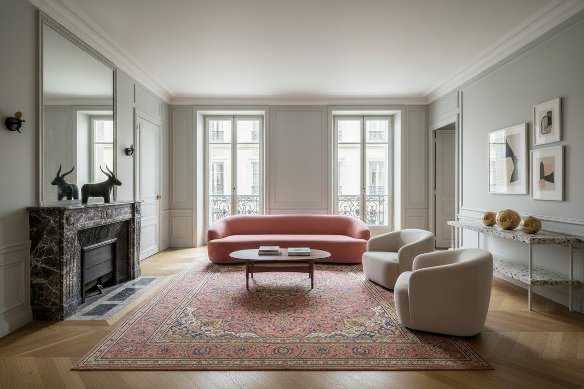 Modern living room with pink sofa, white chairs, and a decorative pink rug.