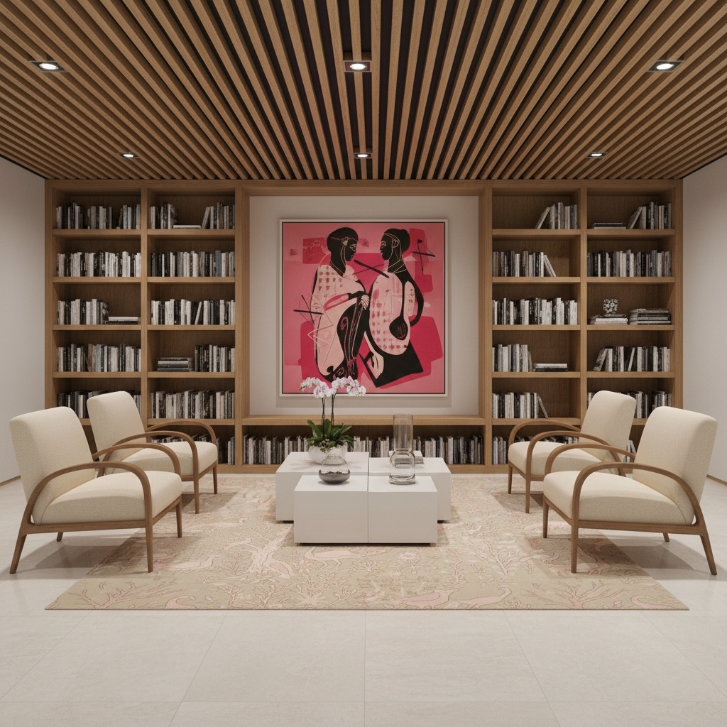 A modern, symmetrical home office or library featuring four cream armchairs arranged around a low white coffee table. The center wall is lined with wooden bookshelves displaying books, with a large pink and black art print hanging in the middle.