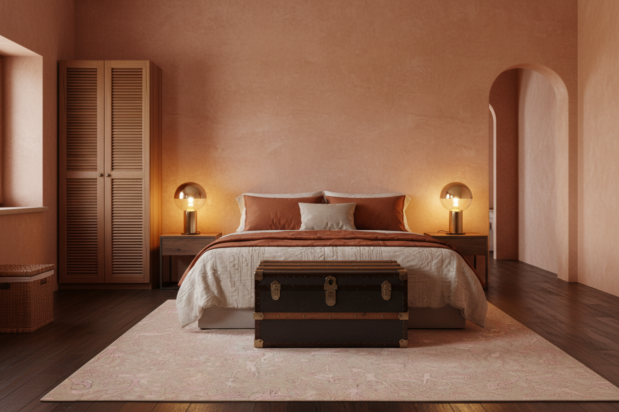 Cozy bedroom with a bed, nightstands, beige rug, and a wardrobe in warm tones.