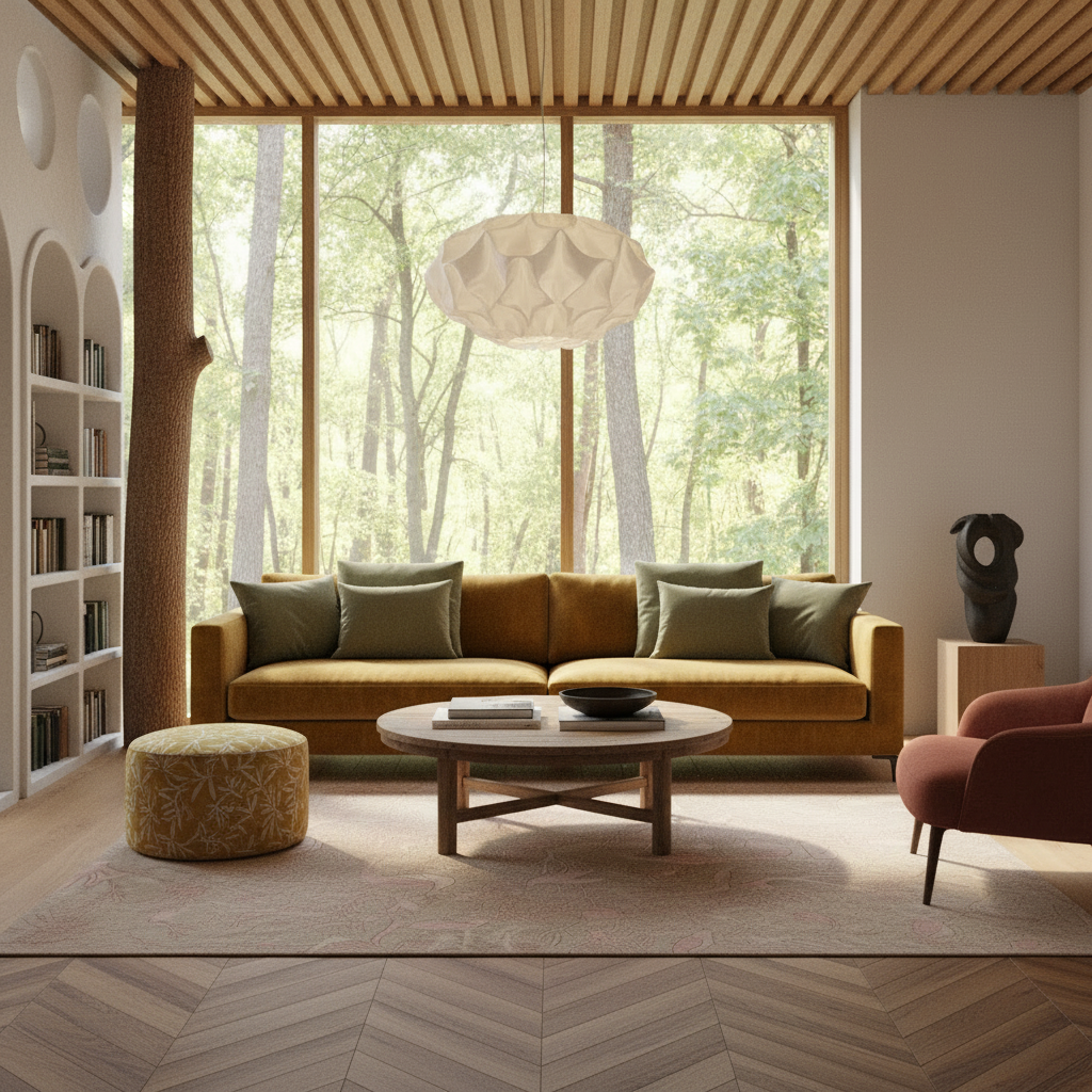 A modern living room interior with a mustard yellow sofa, olive green pillows, a round wooden coffee table, a patterned ottoman, and a large window looking out onto a forest view.