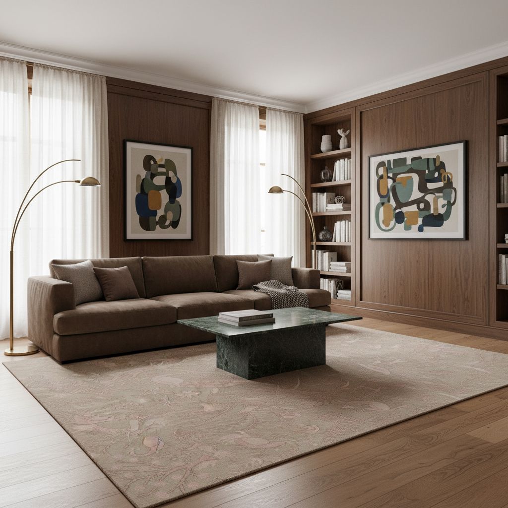 A modern living room with a brown sectional sofa, a green marble coffee table, a large beige patterned rug, and two framed abstract artworks on dark wood-paneled walls.