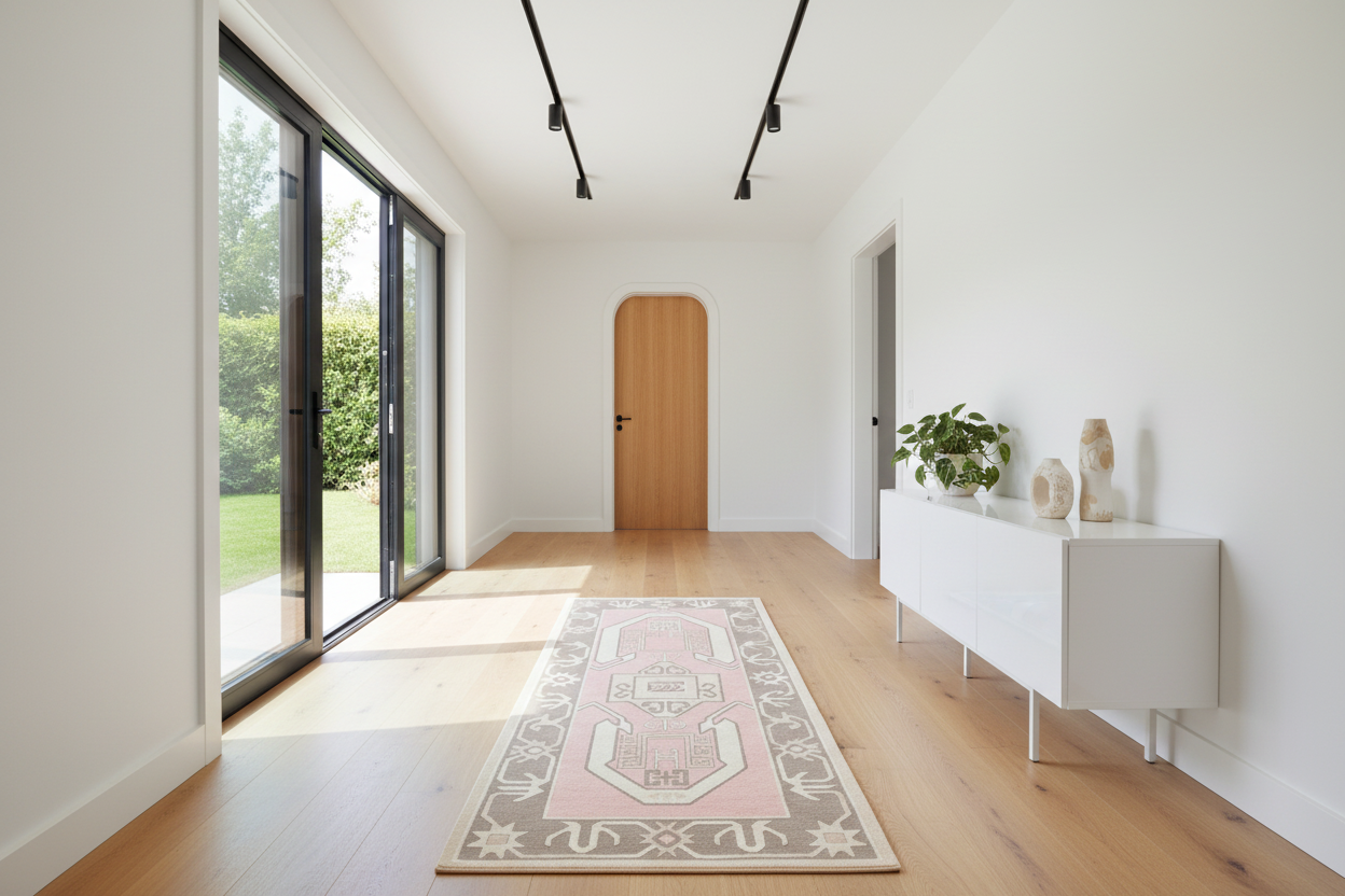 pink runner rug in hallway