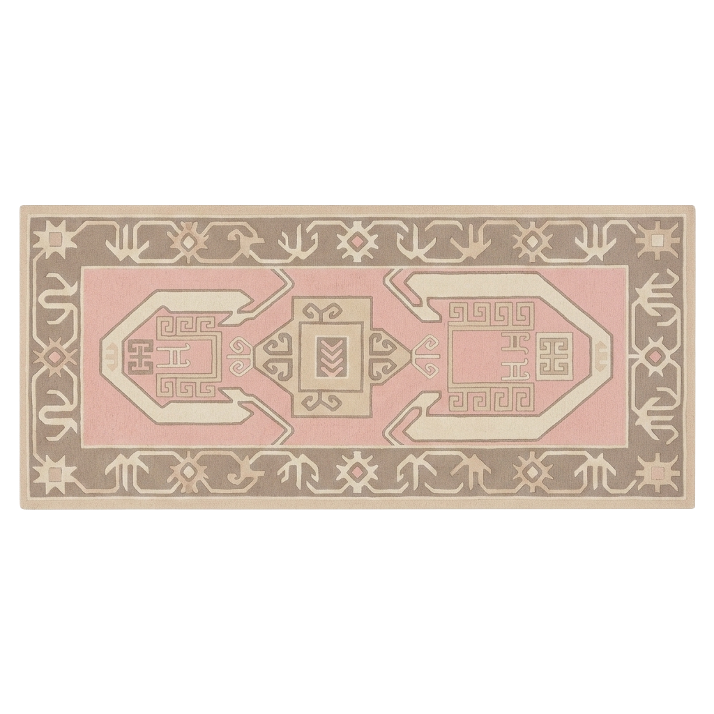 A rectangular area rug with a traditional geometric pattern in dusty pink, beige, and taupe brown, shown flat against a white background.
