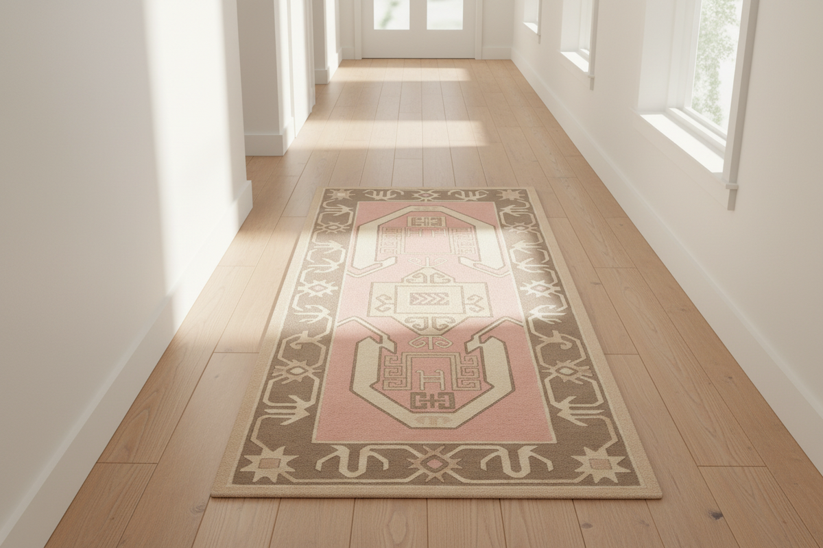 Decorative tribal pink runner rug on a wooden floor in a bright room with large windows.