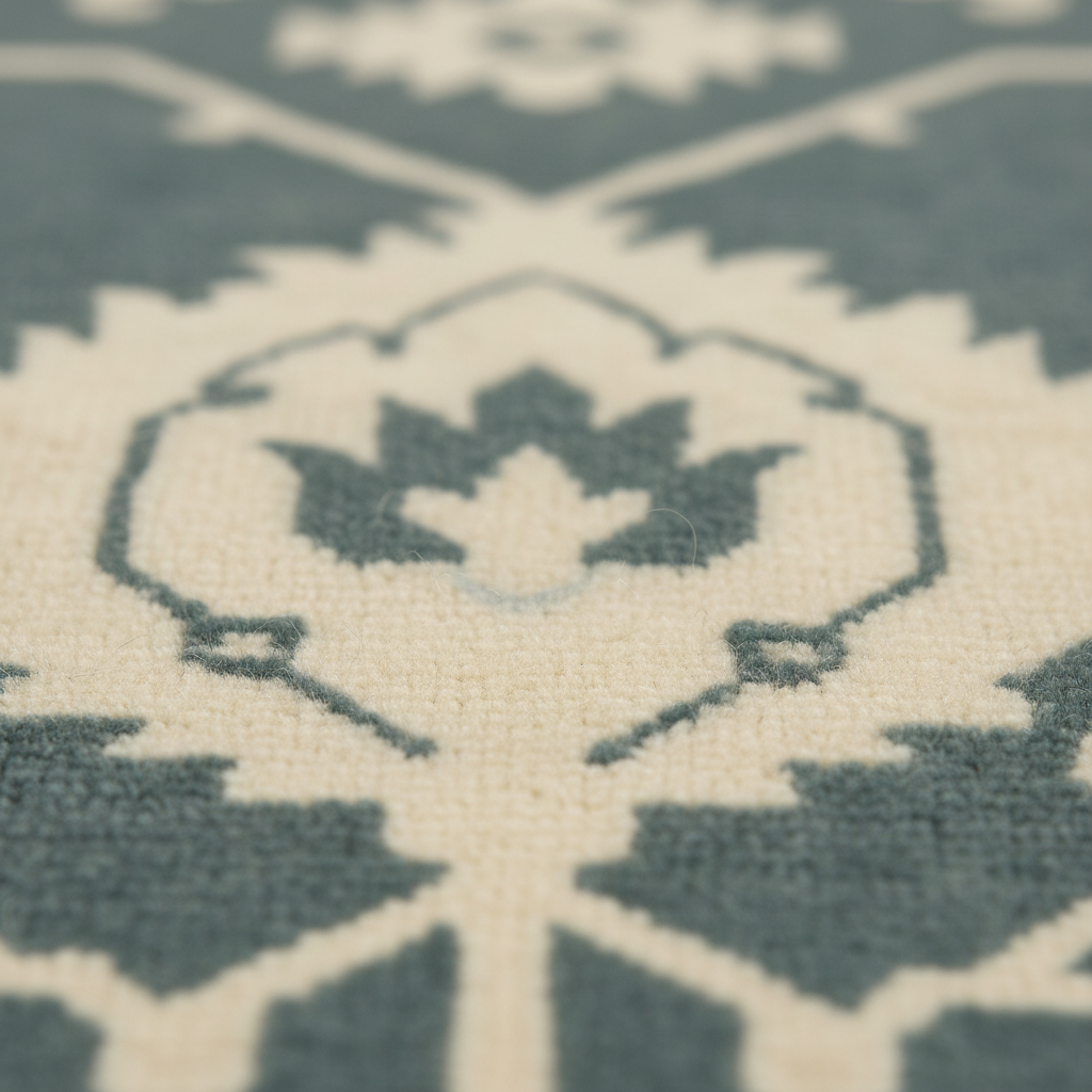 Close-up of a patterned rug with a muted blue-gray and cream geometric design, showing the texture of the pile.
