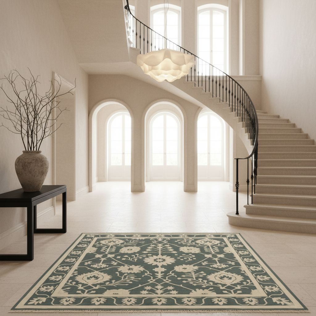 A large rectangular area rug with a traditional floral pattern in muted teal and cream is displayed on a light-colored staircase landing in a grand, elegant interior with a spiral staircase and arched windows.