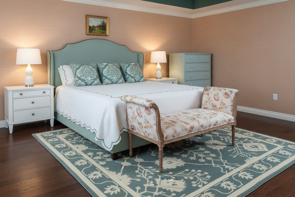 Neatly arranged bedroom with a bed, floral green persian rug, nightstands, and a floral bench.