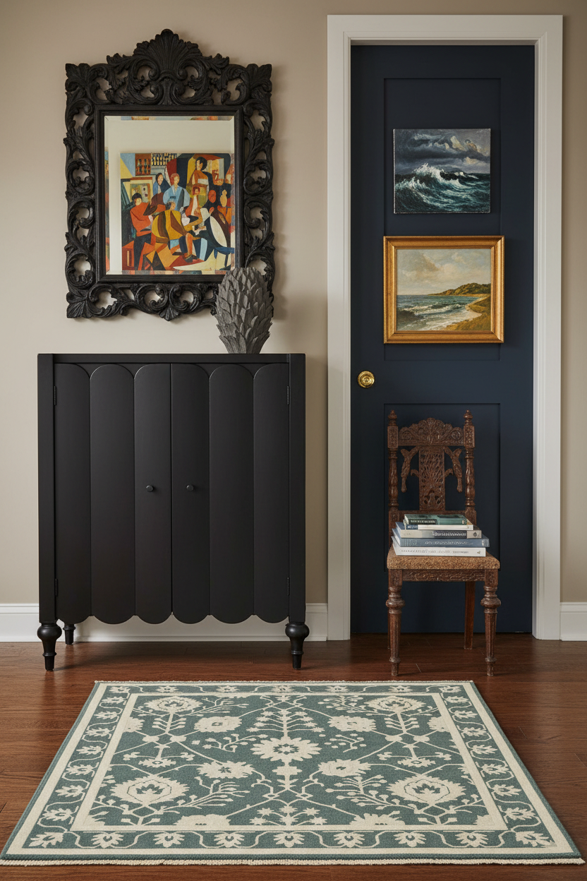 Room interior with a black radiator, green persian rug, framed artwork, and a blue door.