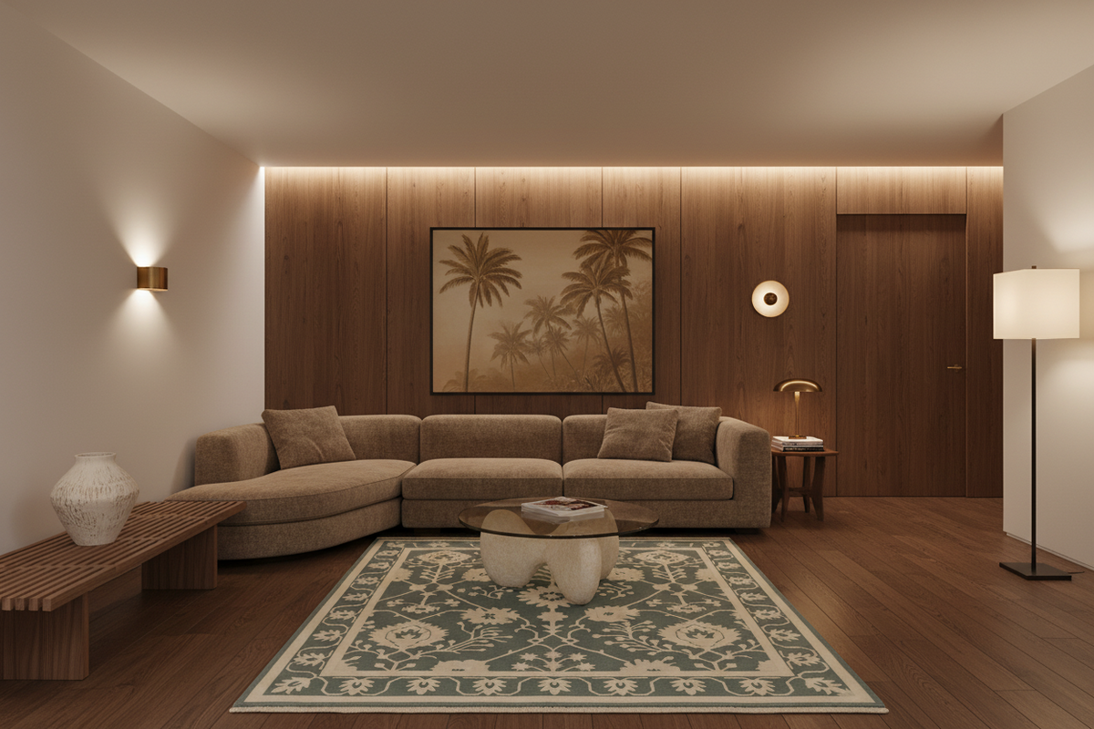 A modern living room featuring a beige sectional sofa, a patterned blue and beige area rug, a wooden coffee table, and a large framed palm tree artwork on a wood-paneled accent wall.