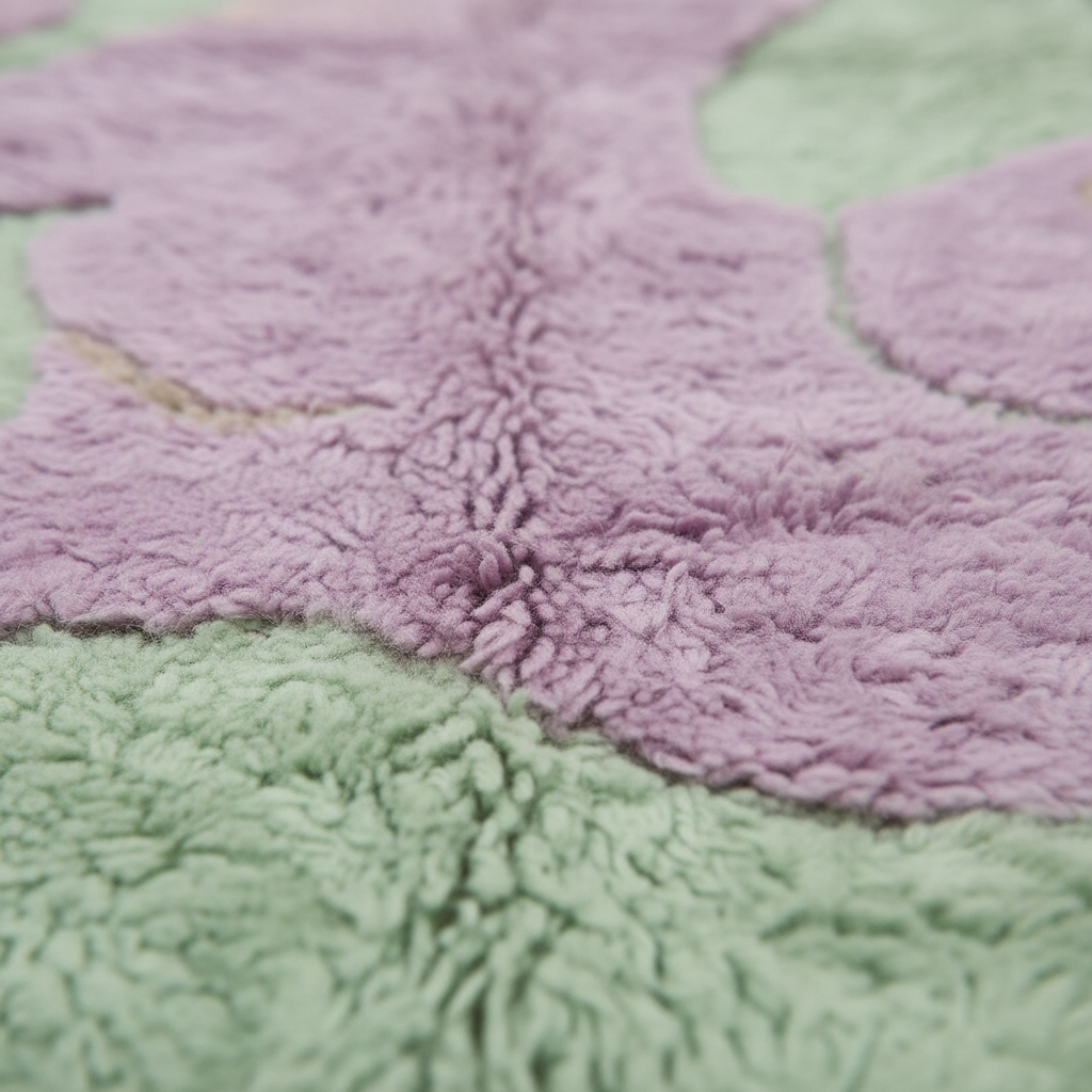 Close-up of a plush, textured blanket or throw with a soft floral pattern in pastel lavender and mint green.