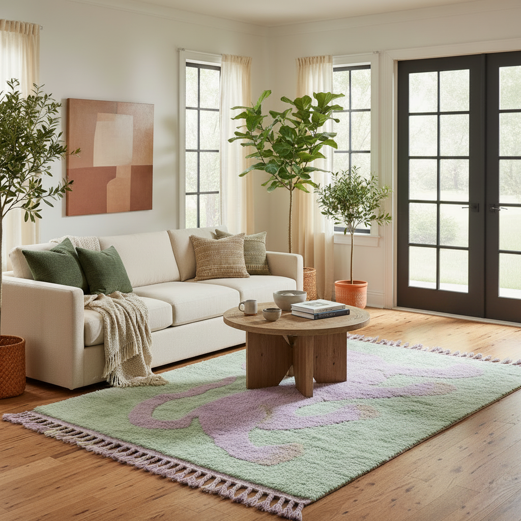 Living room with a white sofa, wooden coffee table, and decorative green shaggy rug.