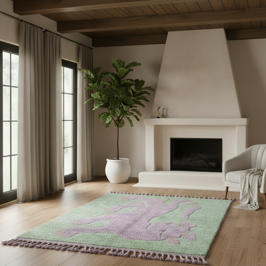 Living room with a green and purple rug, plant, and fireplace.