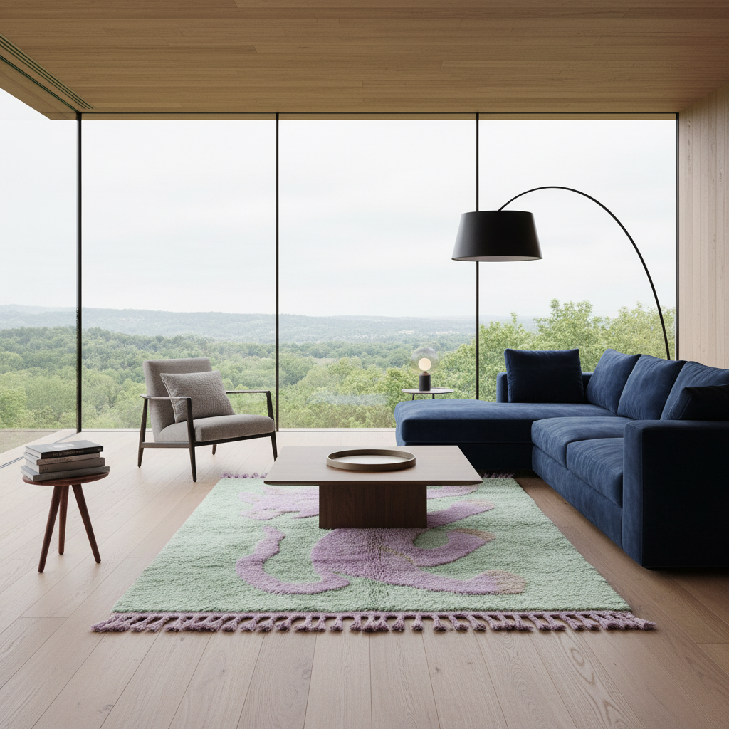 A modern living room with a large navy sectional sofa, a light wood coffee table, a pale green rug with a lavender abstract pattern, and a black floor lamp, set against a backdrop of floor-to-ceiling windows showing a forest view.