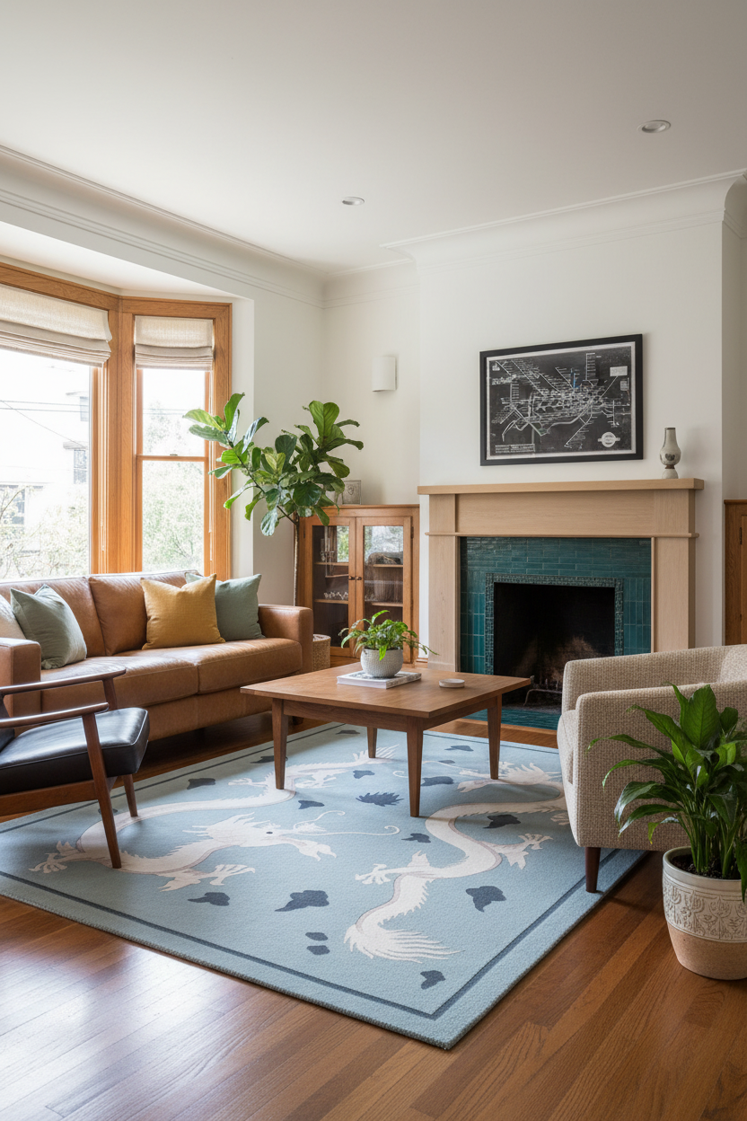 Living room with a fireplace, sofa, coffee table, and decorative blue dragon rug.
