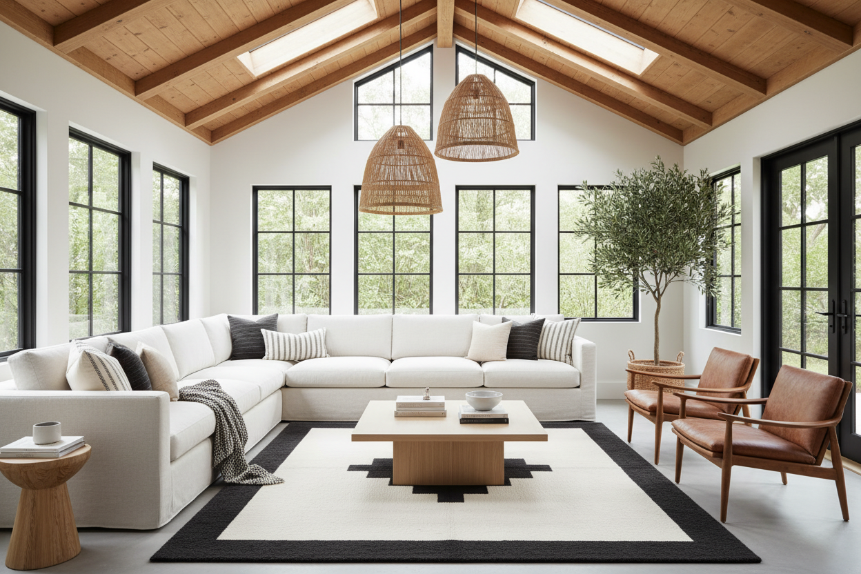 Modern living room with white sectional sofa, wooden coffee table, and large windows.