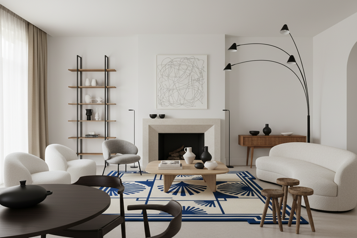 Modern living room with white furniture, a fireplace, art deco blue rug, and decorative elements.