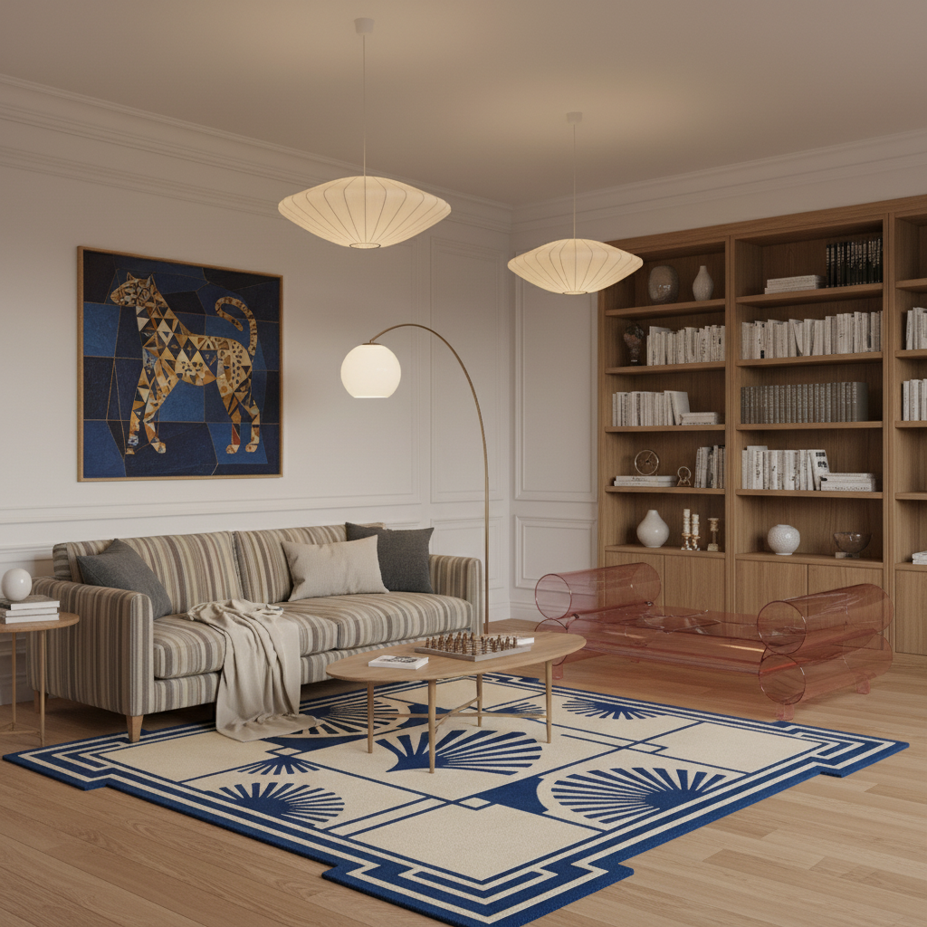 Navy Shell Motif Hand Tufted Wool Rug