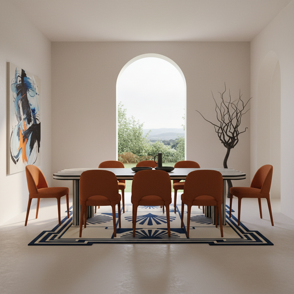 A modern dining room scene with a long oval table and eight orange upholstered chairs arranged on a geometric blue, white, and black rug. The room has warm off-white walls, a large arched window looking out to greenery, and decorative wall art and a black tree sculpture.