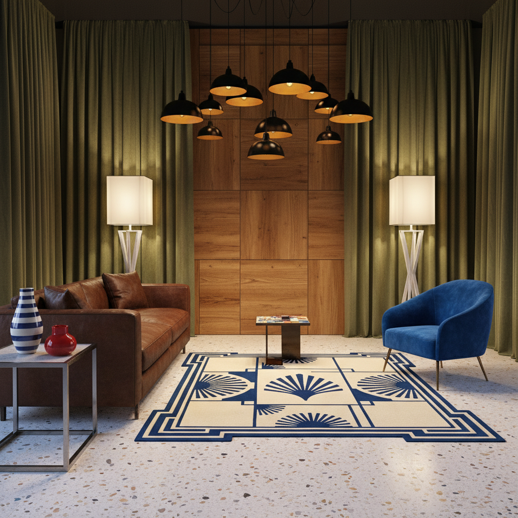 A styled interior scene with a large rectangular area rug in cream and navy blue featuring a geometric border and fan-like motifs, placed on a speckled floor between a brown leather sofa and a blue accent chair.