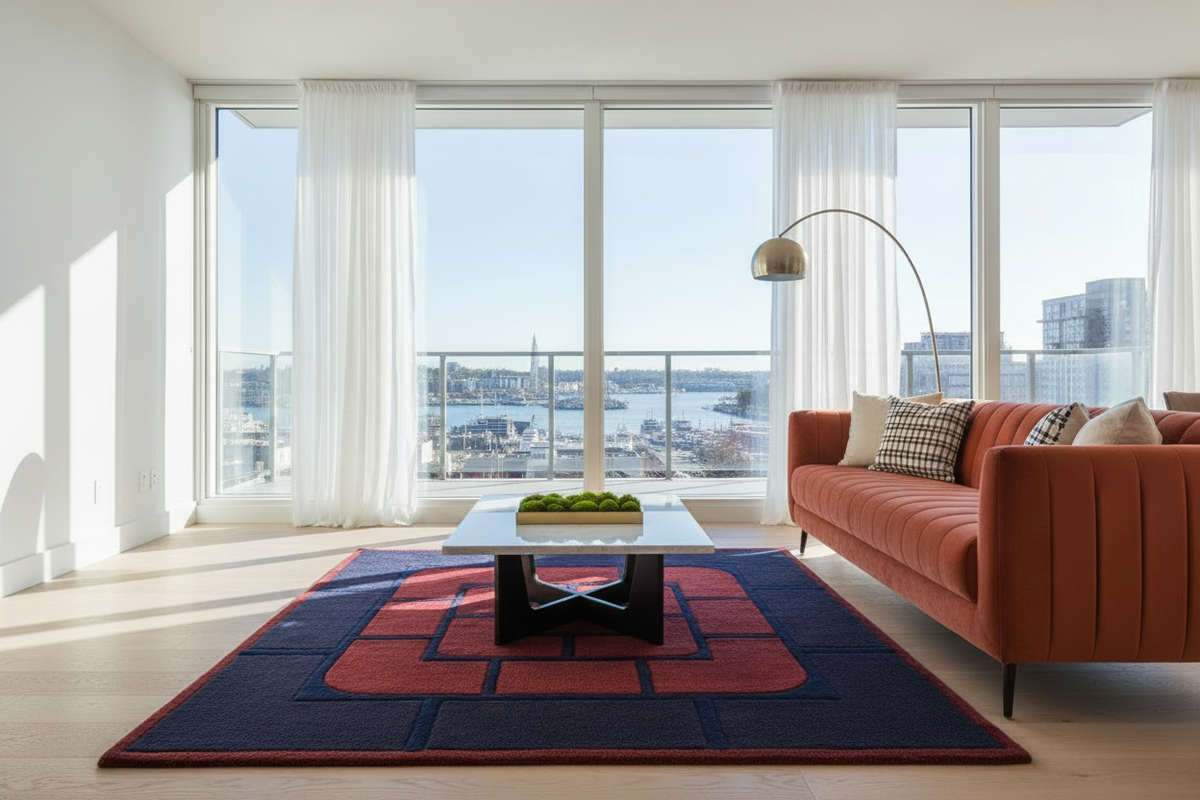 Modern living room with a red sofa, blue and red patterned rug, and large windows with a cityscape view.