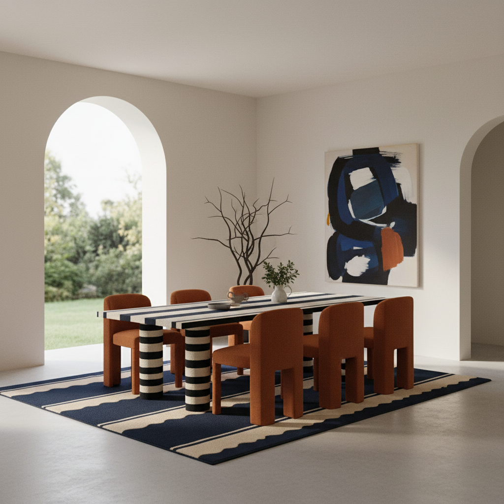 A modern dining room scene featuring a rectangular table with bold black-and-white striped cylindrical legs, surrounded by six terracotta-colored chairs. The furniture is arranged on a navy blue and beige patterned area rug. The room has warm beige walls with arched windows looking out to a green garden, and a large abstract painting hangs on the wall.