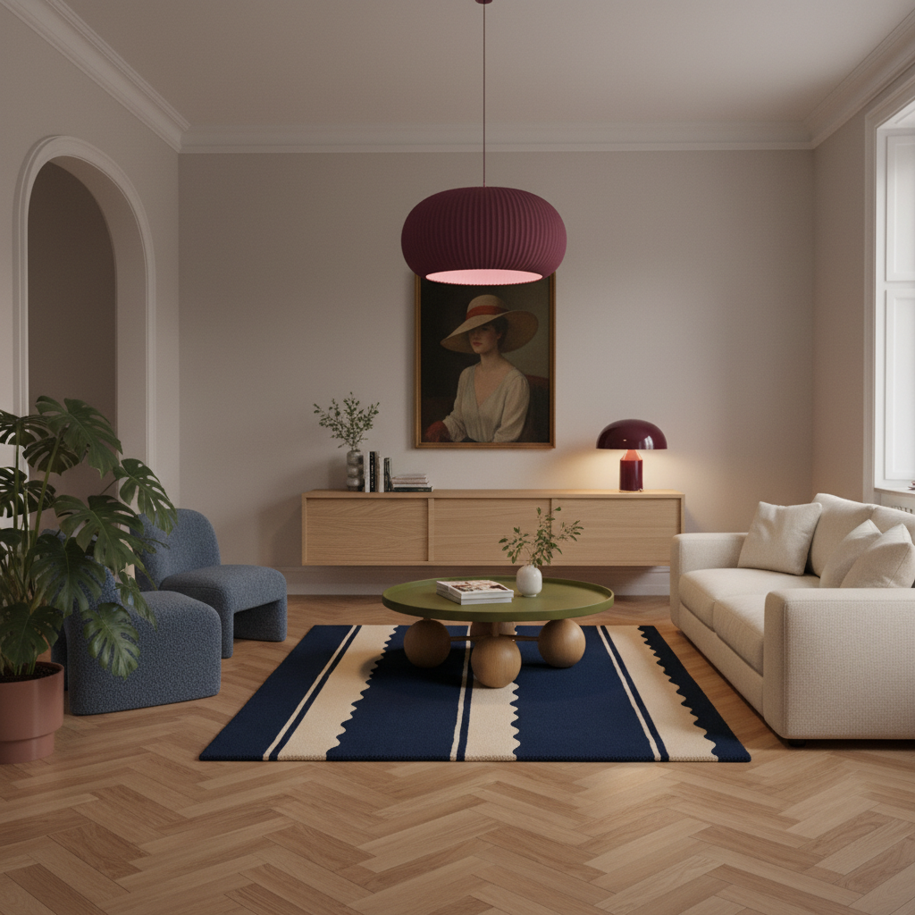 A styled living room interior with a cream sofa, blue accent chair, round green coffee table, navy and cream rug, wood herringbone floor, and a burgundy pendant light hanging above the seating area.