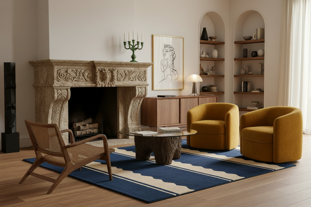 Living room with yellow armchairs, wooden armchair, and decorative blue handmade rug, and fireplace.