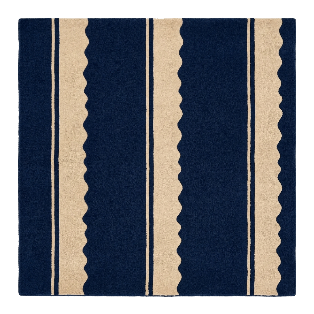 Navy Wavy Stripes Hand Tufted Wool Rug with cream vertical stripes and scalloped wavy edges