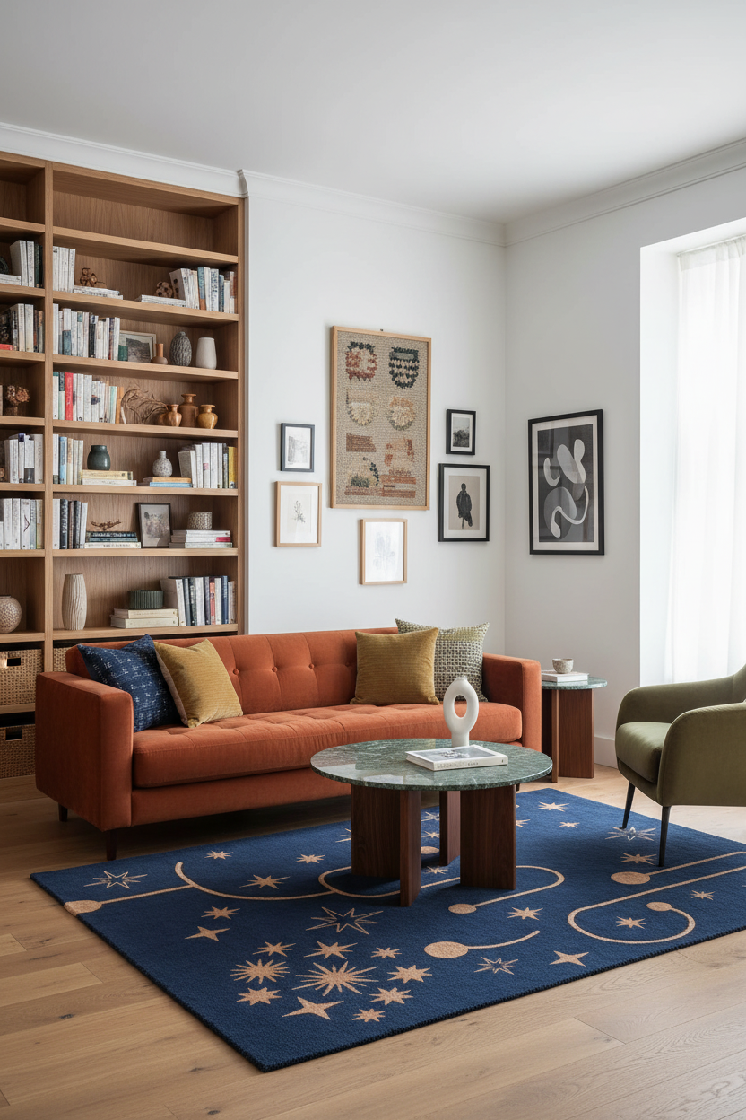 A styled living room featuring a terracotta orange tufted sofa with yellow and blue accent pillows, set on a navy blue area rug with gold celestial patterns. The room includes a large wooden bookshelf, a round marble-top coffee table, and framed wall art.