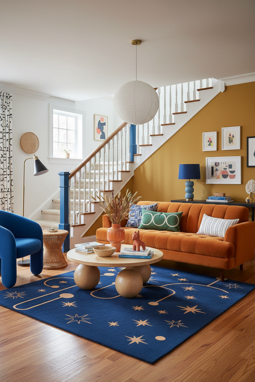 Modern living room with orange sofa, blue rug, and decorative elements.