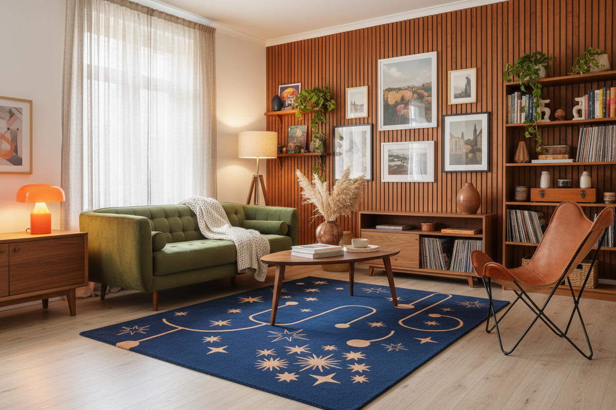 A styled living room interior with a green sofa, blue patterned rug, brown leather chair, wood slat accent wall, shelving, framed art, and warm ambient lighting.