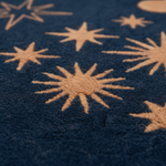 Close-up of a textured navy blue fabric with embroidered tan starburst and sun-like motifs.