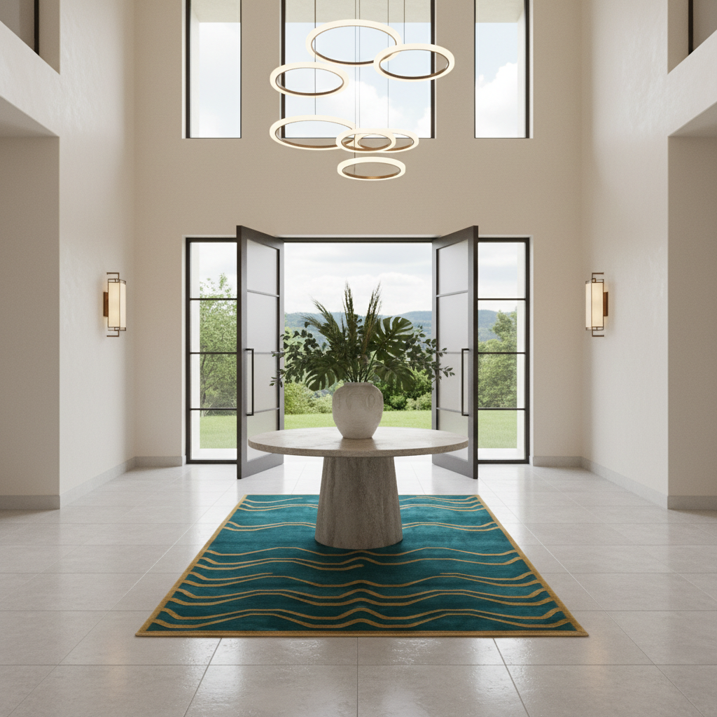 A modern interior entryway with a round stone pedestal table centered on a teal and gold patterned area rug. A large white vase with green foliage sits on the table. The room has tall windows, open black-framed doors, wall sconces, and a multi-ring chandelier overhead.