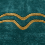 Close-up of a plush teal rug with a wavy tan accent pattern running horizontally across the surface.