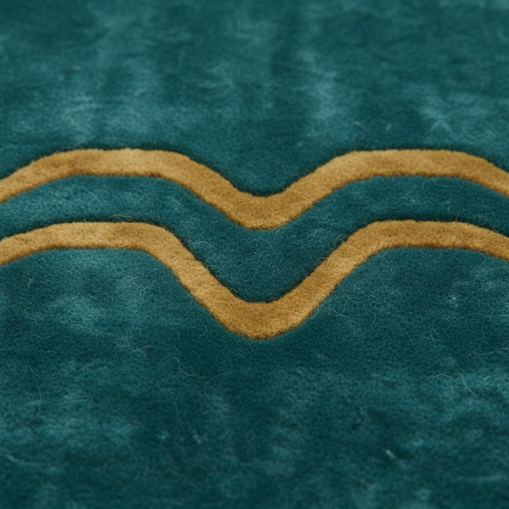 Close-up of a plush teal rug with a wavy tan accent pattern running horizontally across the surface.