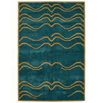 Nocturnal Tiger Throne wool rug swatch with a teal ground and golden wavy line pattern
