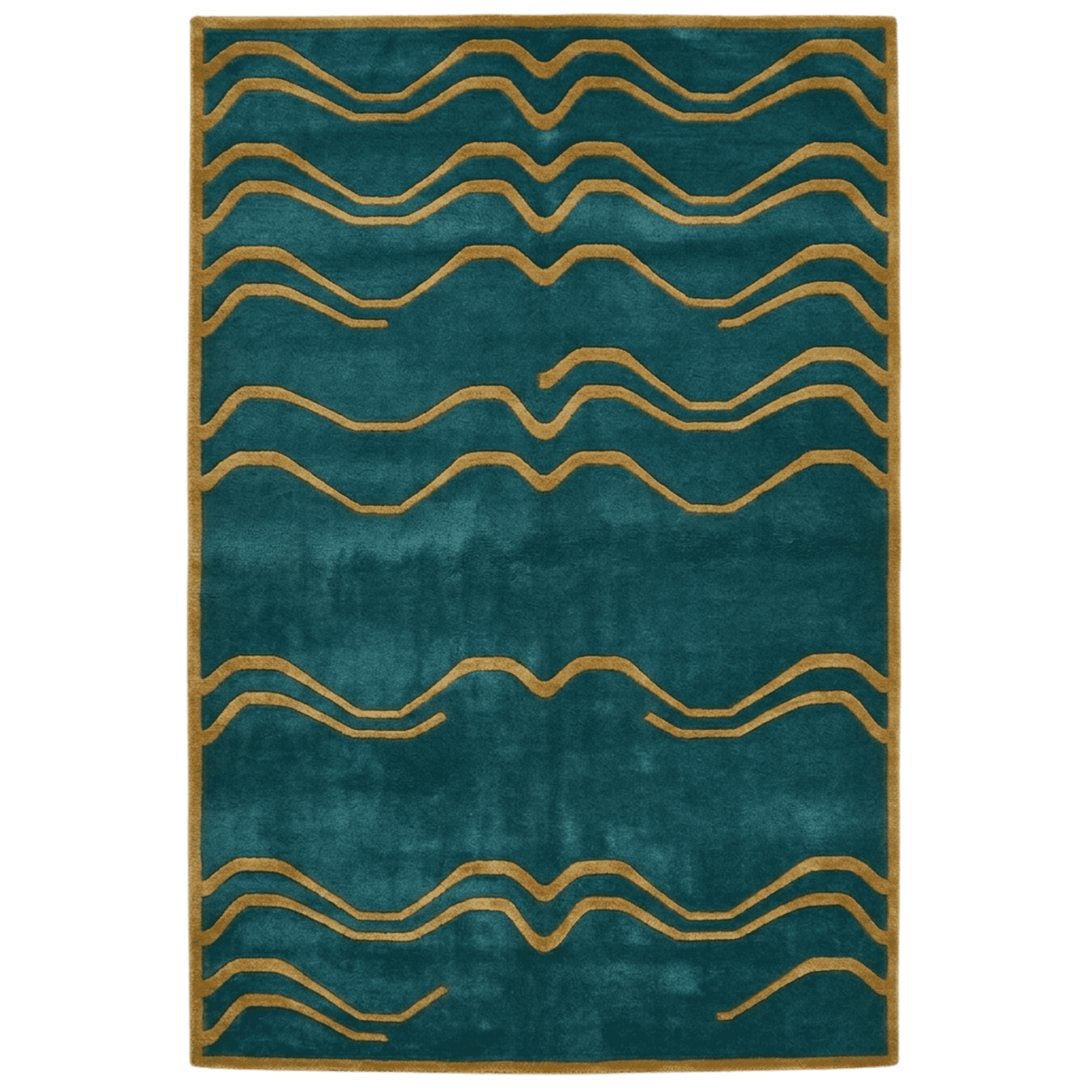 Nocturnal Tiger Throne wool rug swatch with a teal ground and golden wavy line pattern