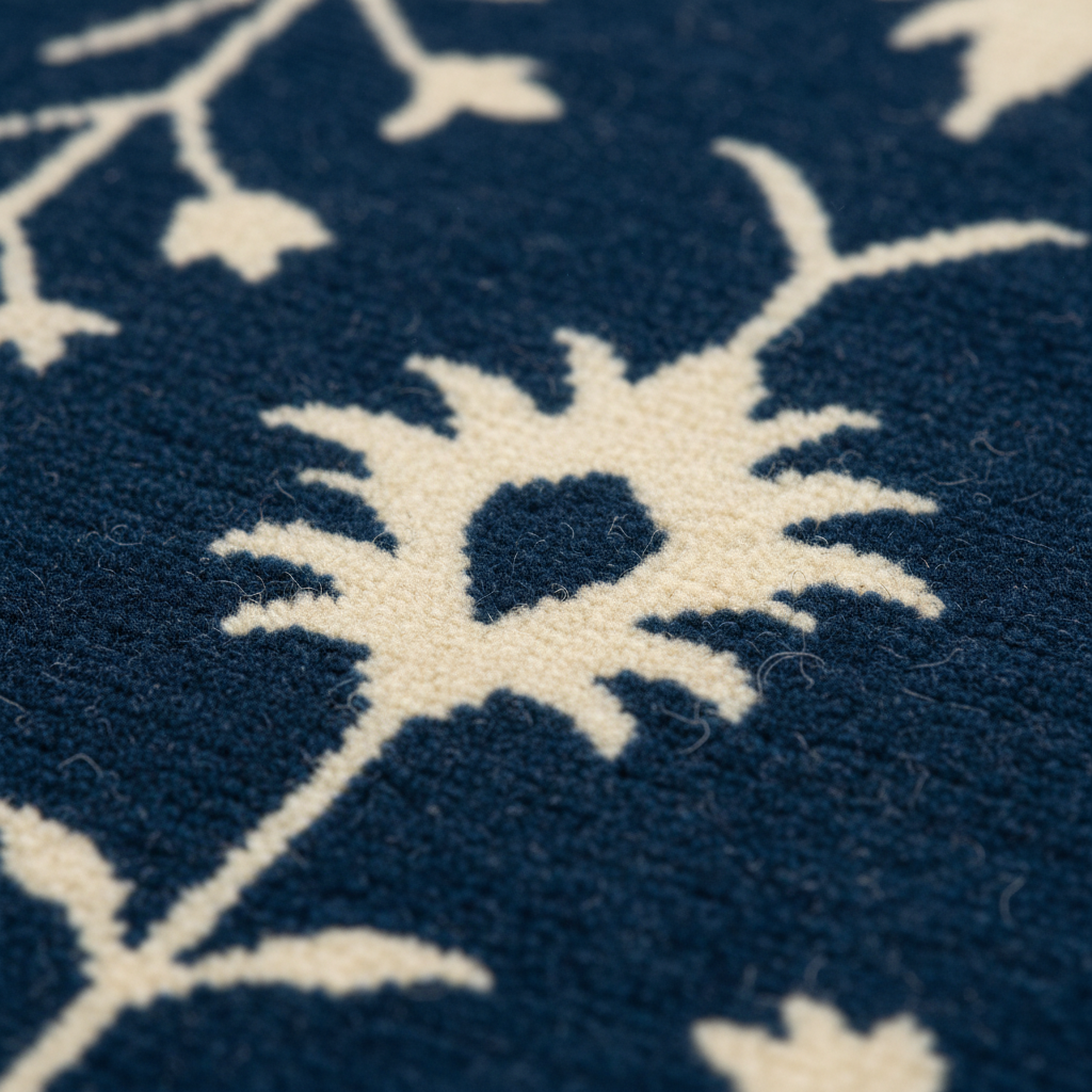 Close-up of a textured rug featuring a deep navy blue background with a cream-colored floral and vine pattern.